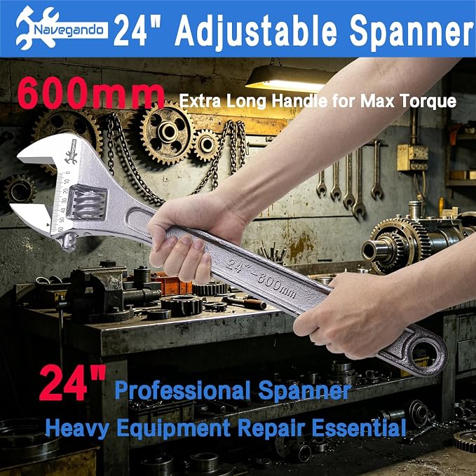 Navegando 24 Inch Large Heavy Duty Adjustable Wrench, 2.36 Inch Big Jaw Opening, High Titanium Steel Forged Industrial Long Handle Wrench for Automotive, Construction, Farm Repair