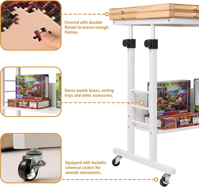 Tektalk 2000 Piece Foldable Puzzle Board with Height Adjustment, Jigsaw Puzzle Table with 2 Felt Cover & 8 Sorting Trays/Drawers, Puzzle Easel with Legs, Enclosed with 4 Roller Wheels (White)