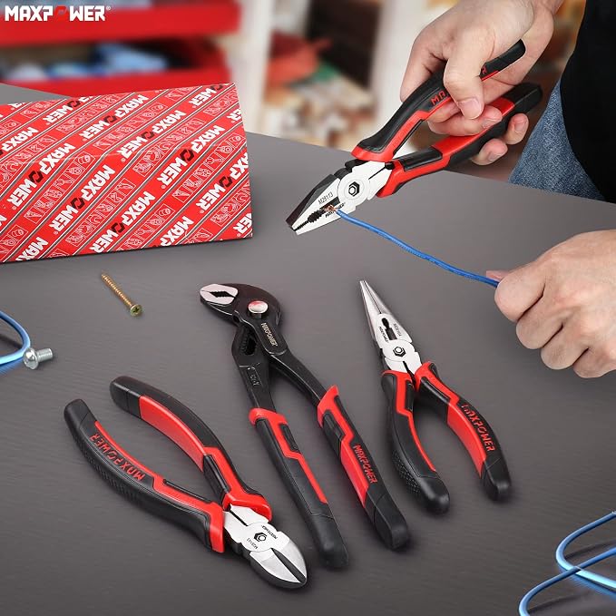 MAXPOWER 4-Piece Pliers Set: 8" Lineman, Diagonal Cutters, Needle Nose, 10" Water Pump Plier