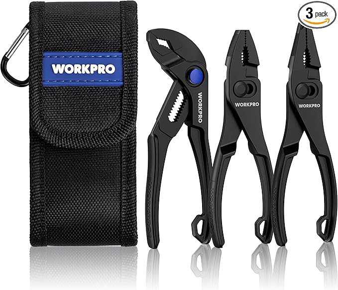 WORKPRO 3-Piece Mini Pliers Set with Pouch, 4-Inch Slip Joint Plier & 4-Inch Water Pump Plier & 4.5-Inch Long Nose Slip Joint Plier, High-Toughness Pocket Pliers for Tight Spaces & Versatile Use