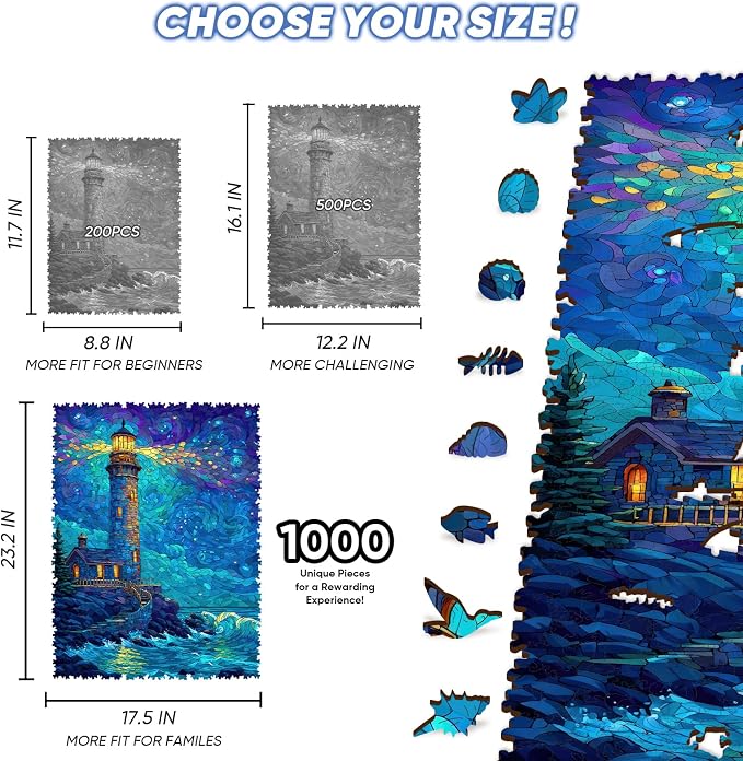 Leodozzio Wooden Puzzles for Adults 1000 Pieces, Lighthouse Wood Jigsaw Puzzle, 5mm Thick Unique Shaped Ocean Puzzle, Gift for Adults & Family Game, Home Wall Decor, 17.5x23.2 Inches