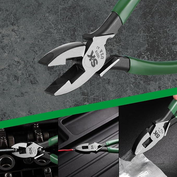 SK Tools USA Linesman Side Cutting Pliers with Crimping Die and Fish Tape Puller, 9" Long, 18019