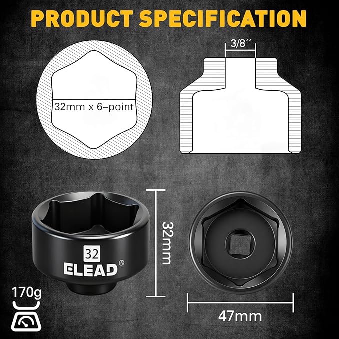 ELEAD 32 mm Oil Filter Socket Wrench, 3/8'' Drive 6-Point Oil-Filter Removal Tool, Metric Oil Filter Wrenches, Low Profile Design for Easy Removal, Chrome Vanadium Steel Oil-Change Tool