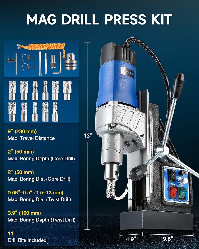 ZELCAN Mag Drill Press with 11 Pcs Bits, 1550W Portable Magnetic Drill Press with 2" Boring Diameter, 0-580 rpm Stepless Speed & Reversible Direction, 2922 lbf Power Magnetic for Metal Surface