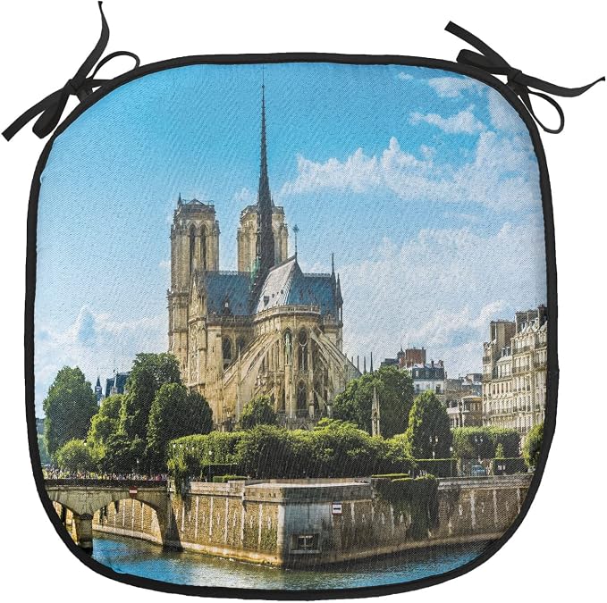 Lunarable Paris Chair Cushion Pads Set of 2, Notre-Dame Building Paris Monument Travel Destinations Photo, Anti-Slip Seat Padding for Kitchen & Patio, 16"x16", Pale Coffee Pale Blue