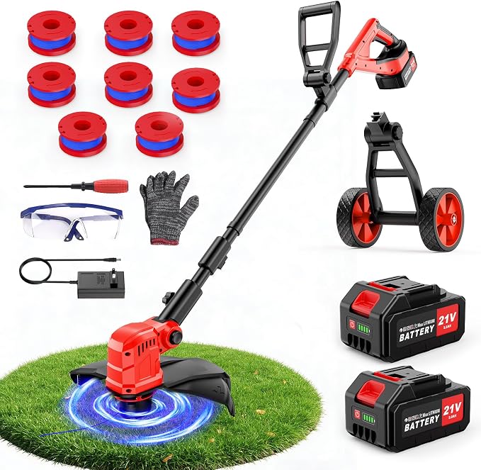 6000mAh Cordless Electric Weed Wacker, 12" Brushless Cordless String Trimmer, 4 in 1 Weed Eater/Brush Cutter/Weed Trimmer with 2*Batteries Powered & Auxiliary Wheels, Grass Trimmer (Red A)