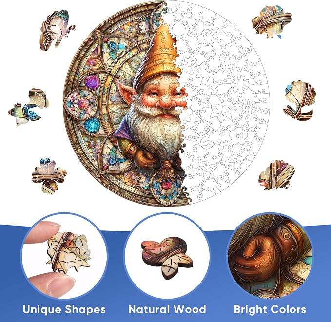 Pikoqunc Gnome Wooden Puzzle for Adults, Families & Friends – 500 Piece Round Wood Jigsaw with Unique Shapes, Perfect for Relaxation, Joy & Cozy Home Décor (16.5"x16.5")
