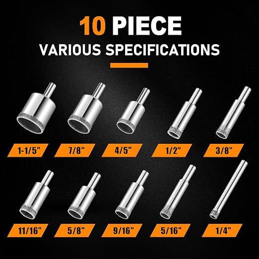 KATA Diamond Hole Saw Kit: 10PCS Diamond Tile Drill Bits for Glass Bottles - Hole Saw Set Holesaw Kit 1/4" to 1-1/5" (6-28mm) - Drilling Holes Cutting for Ceramic, Bottles, Pots, Marble, Granite Stone