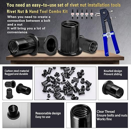 Rivet Nut Tool Kit, 490Pcs Black Zinc Metric Rivet Nut Combination (M8/M6/M5/M4/M3), Suitable for Automotive, Marine and Industrial Applications (Black 490PCS Rivet Nut Tool Kit)