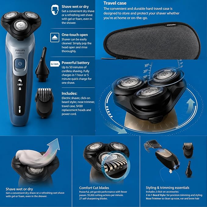 PHILIPS AquaTouch Wet & Dry Electric Shaver for Men, Rechargeable Rotary Razor with ComfortCut Blades and Precision Trimmer 5D Flex Head-Packaging May Vary