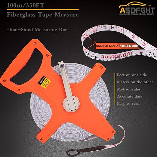 Open Reel Tape Measure 330 Feet, Fiberglass Tape Measure, Yard Measuring Tape Fit for Sports Field, Outdoor, Engineer,Track, Durable Dual-Sided Measuring Reel with Feet and Meters (1/2')