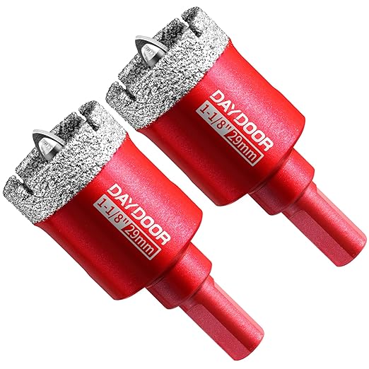 DAYDOOR 1-1/8" Diamond Hole Saw Bits with Pilot Drill Bit-2pcs 29mm Diamond Tile Hole Saw with Guiding Bit for Porcelain Tile Ceramic Pottery Granite Stone Glass Bottles(3/8" Triangle Shank)