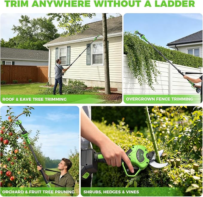 2-in-1 Electric Pruning Shears Cordless with Extension Pole, Cordless Pole Pruner, 1.6" Cut, SK7 Blade, 2x4.0Ah Batteries, Brushless Motor, LCD, Battery Powered Tree Pruner