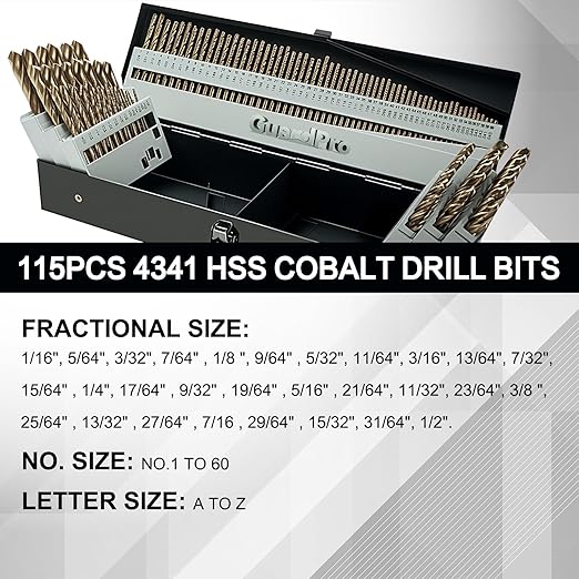 115Pcs Cobalt Drill Bits Set, High Speed Steel, 135 Degree Tip, Twist Jobber Length Drill Bit Kit for Hardened Metal, Plastic and Wood with Metal Indexed Storage Case, 1/16"-1/2"