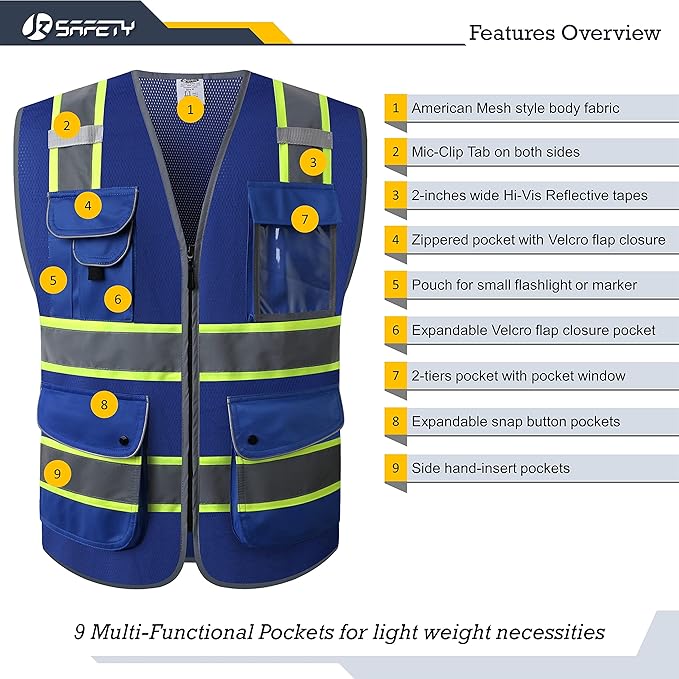 JKSafety 9 Pockets High Visibility Zipper Front MESH Blue Safety Vest | Blue with Dual Tone High Reflective Strips | ANSI/ISEA Standards (100-Blue, M)