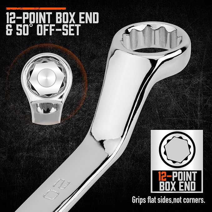 HORUSDY 9-Pieces Metric Offset Box Wrench Set with Rolling Pouch, 50-Degree, Metric 6-24mm, CR-V Steel