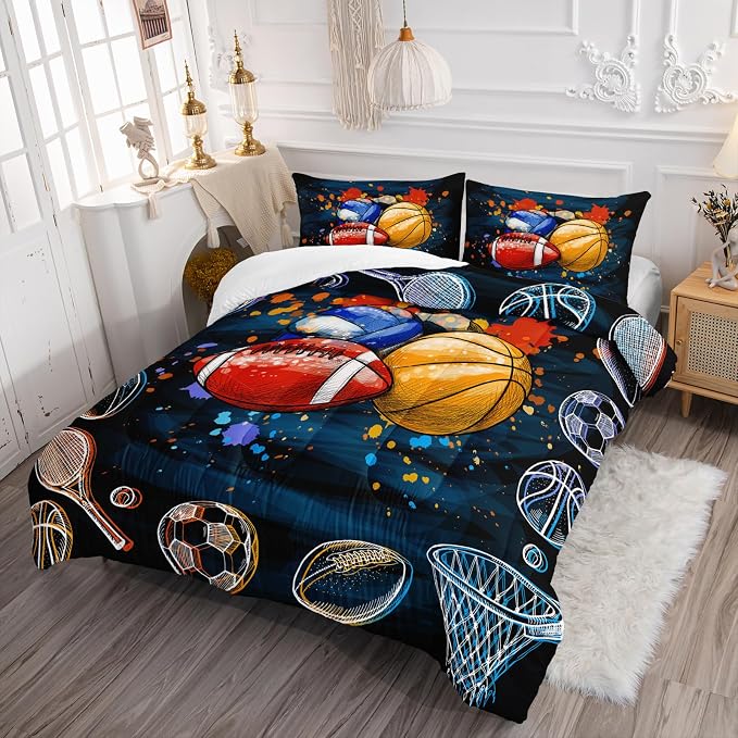 Axolotl Ball Game Bedding Set King Size,3 Piece Basketball Volleyball Comforter Set,Cartoon Soccer Football Sports Bedding,Colorful Ball Sport Bed for Kids Boys Teens,1 Quilt 2 Pillowcases