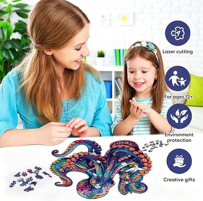 Qiuenisray Wooden Puzzles for Adults, Octopus Ocean Jigsaw Puzzle 200 Piece | Cool Wood Puzzle Wall Decor, FSC Certified Unique Animal Adult Puzzles Piece, Creative Gift for Family Game 11.2