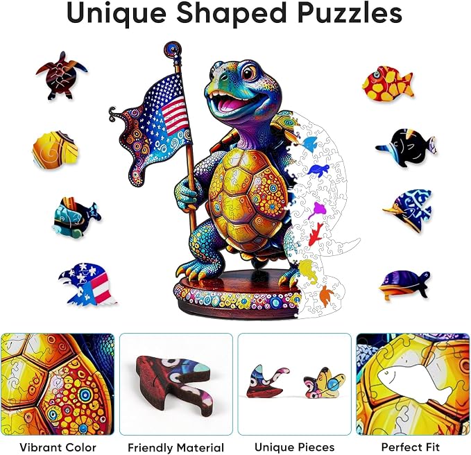 Bovearto Wooden Puzzles for Adults, Unique Ocean Animal Shape, Home Decor | American Patriotic 4th of July Puzzles, American Flag, Family Game Gift for Teens & Kids, 10.8"x12",200 Pieces