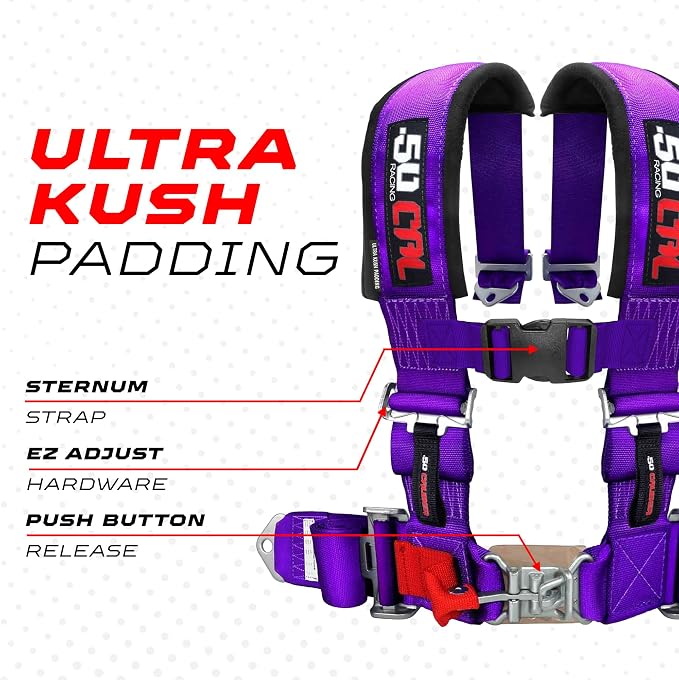 1pc 50 Cal Purple 4pt 4 Point Harness 3" straps, Racing Harness Seat Belt | Ultra Kush padding, Push Button quick release hardware. Universal Fit for UTV, RZR, race car