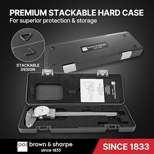Brown & Sharpe 8-Inch Dial Caliper – Precision Stainless Steel Measuring Tool, White Dial, 0.001" Resolution, Hardened Construction, Shockproof Movement.