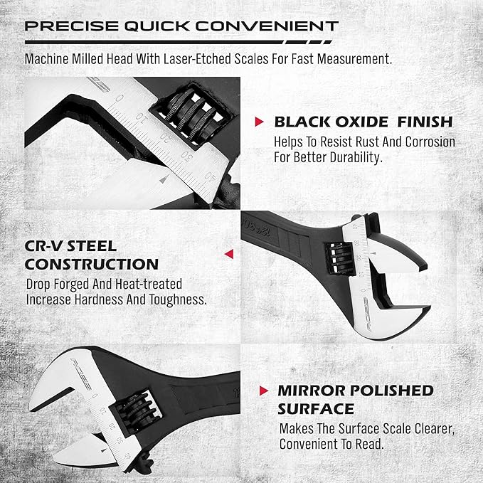 SEDY 8-Inch Adjustable Wrench, Black Oxide Finish Wide Jaw Spanner with Inch/Metric Scale, Premium Drop Forged Steel for Automotive Plumbing and Household Repairs