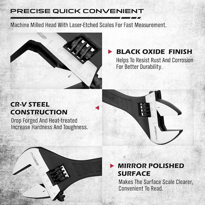 SEDY 12-Inch Adjustable Wrench, Black Oxide Finish Wide Jaw Spanner with Inch/Metric Scale, Premium Drop Forged Steel for Automotive Plumbing and Household Repairs