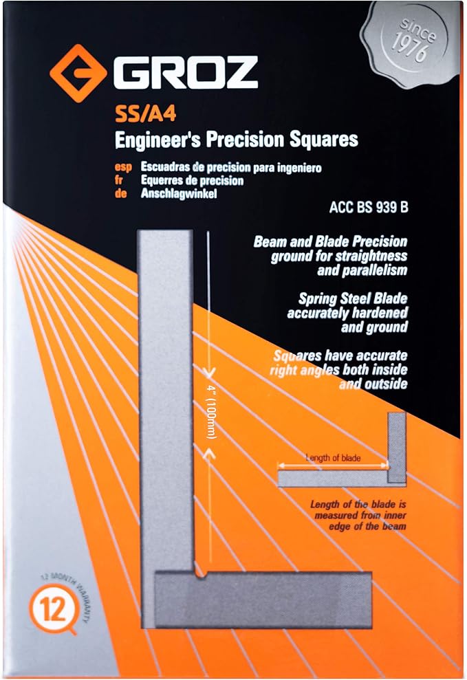 Groz 01002 4" Precision Steel Square, 16 Microns Squareness