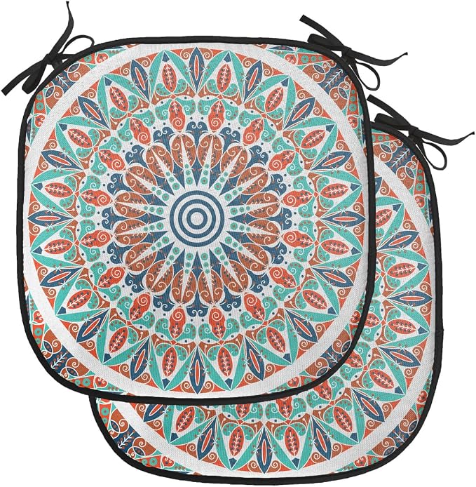 Lunarable Moroccan Chair Cushion Pads Set of 2, Floral Geometry Complex Design Medallion Middle Ages Tribal Art, Anti-Slip Seat Padding for Kitchen & Patio, 16"x16", Turquoise Dark Blue
