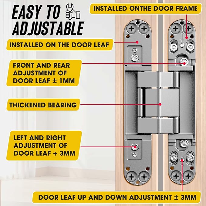 6inch Hidden Door Hinge,Concealed Hinges,Hidden Door Hardware kit,Invisible Door Silent 180 Degree Swing Hinge 3-Way Adjustable Butt 6 x 2.5 x 1inch (Silver, 6 inches)