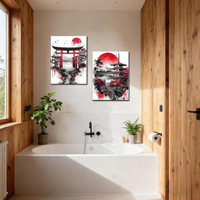 2Pcs Japanese Canvas Wall Art - Red Black Landscape Prints, Modern Minimalist Asian Oriental Decor, Ready to Hang,Framed