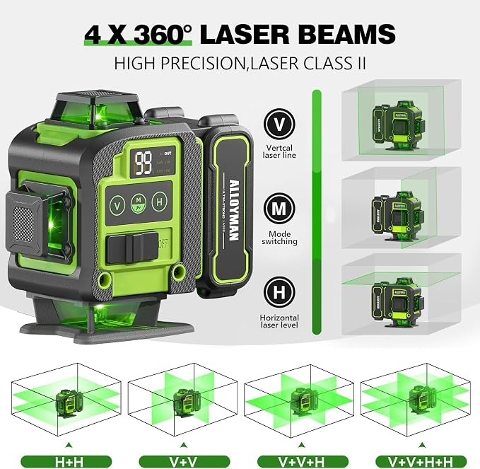 Laser Level with Tripod, Alloyman 4x360° Self Leveling Laser Level, Green Line Laser 4D Laser Leveler Tool with 2Pcs Lithium Batteries for Picture Hanging, Tile, Home Renovation, Indoor(Green)