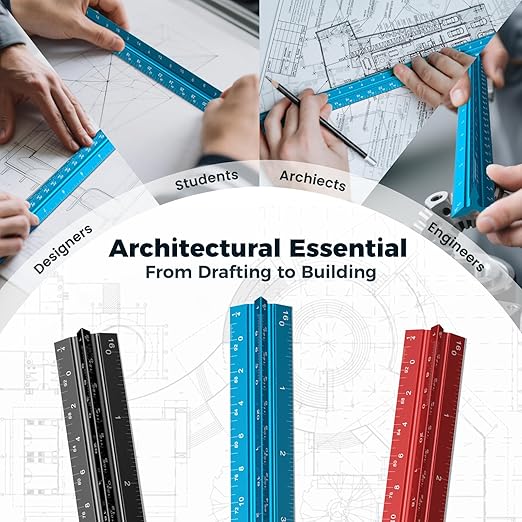 Rena Chris Architectural Scale Ruler: 12" Imperial Aluminum Alloy Metal Architecture Measuring Tools, Engineering Drafting Construction Drawing Blueprints Triangular Architect Scaling Rulers 12 Inches