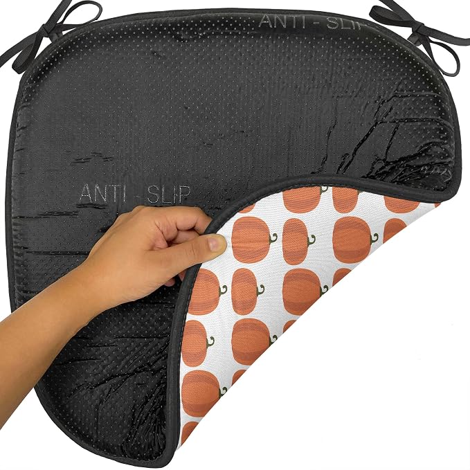 Lunarable Autumn Pumpkin Chair Seating Cushion Set of 4, Simplistic Halloween Fruit Pattern on Plain Backdrop, Anti-Slip Seat Padding for Kitchen & Patio, 16"x16", Burnt Orange Green Brown