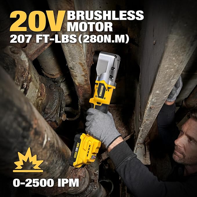 20V Brushless Right Angle Impact Wrench, 1/2", 207 FT-LBS | Slim 90°head, 2 batteries,2-speed control,LED light, for Tight Spaces, Automotive Repair, Engine Bay & Machinery Maintenance