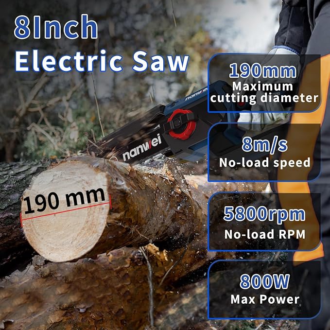NANWEI Battery Chainsaw 8 Inch,Brushless,Cordless Chainsaw with 2x4.0A Batteries,8 Inch Handheld Chainsaw, 6/8 inch Chainsaw,Chain Saw for Tree Pruning,Wood Cutting