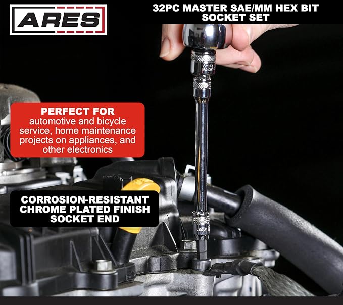 ARES 31030 32-Pc Master SAE & Metric Hex Bit Socket Set - 1/4,3/8,1/2-In | Knurled Drive Ends; Durable Latching Storage Case