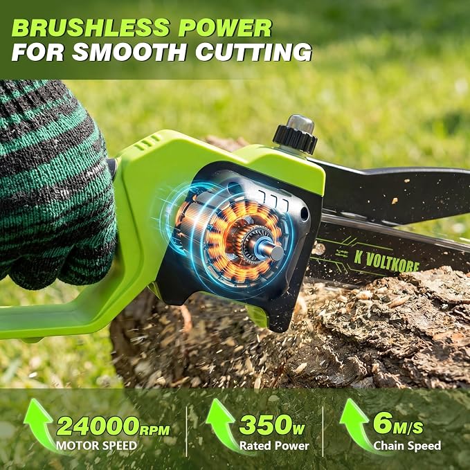 Mini Chainsaw 8 Inch & 6 Inch Bar, Electric Small Chainsaw Battery Powered | 2-Battery & 3-Chain, One Hand Operation, Brushless, Auto Oiler, Lightweight Handheld Chainsaw for Women and Beginners, Green