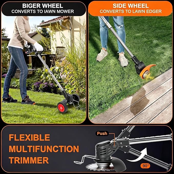 Electric Weed Wacker Cordless, 21V Lightweight Stringless Weed Wacker, Weed Trimmer, 3-in-1 Grass Trimmer/Brush Cutter/Edger, with Wheels,2pcs Batteries&4 Types Blades for Thick Weeds&Yard Garden