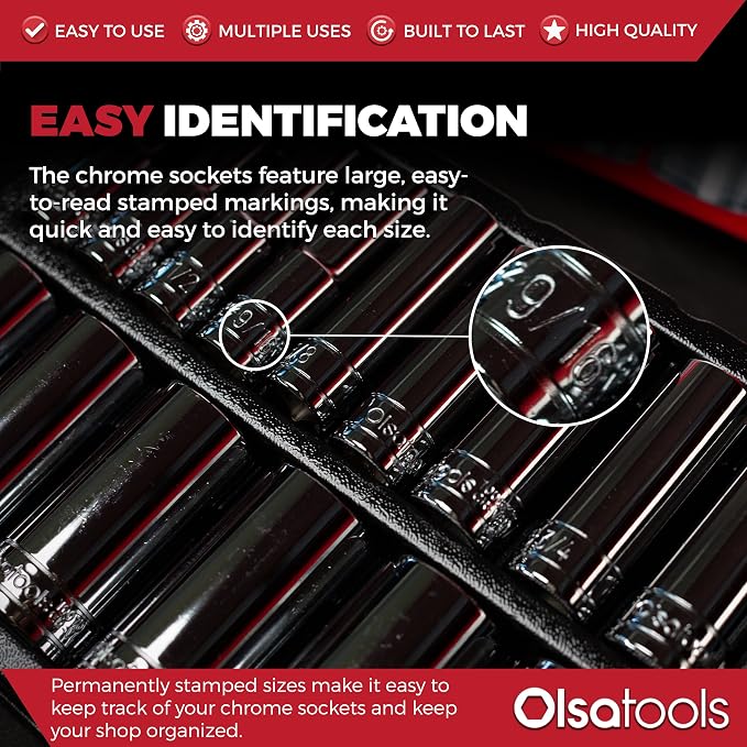 Olsa Tools 1/2-Inch Drive SAE Deep Socket Set - 18pc | 6-Point Chrome Vanadium Sockets, 3/8" to 1-1/4", No Skipped Sizes - Professional-Grade SAE Socket Sets - Part: 1319