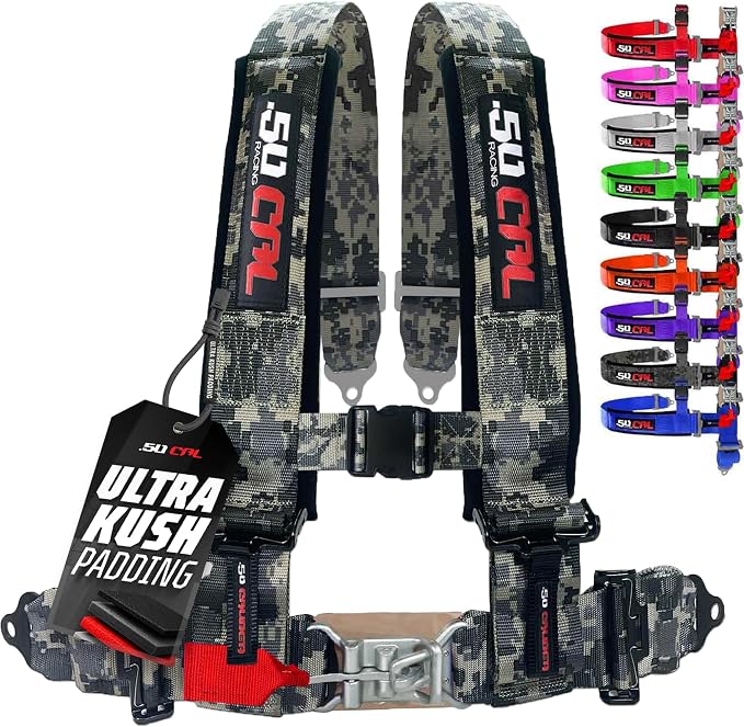 1pc 50 Cal Camo 4pt 4 Point Harness 3 inch straps, Racing Harness Seat Belt | Ultra Kush padding, Push Button quick release hardware. Universal Fit for UTV, RZR, race car