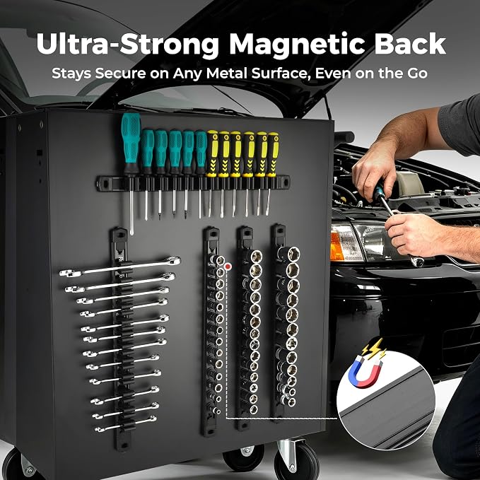 Reniteco 6-Piece Magnetic Socket Organizer and Screwdriver Organizer Set | 3-Piece 1/4", 3/8" & 1/2" Drive Socket Rails, 3-Piece Wrench Screwdriver Holder, Interchangeable Clips, Aluminum Alloy Rail