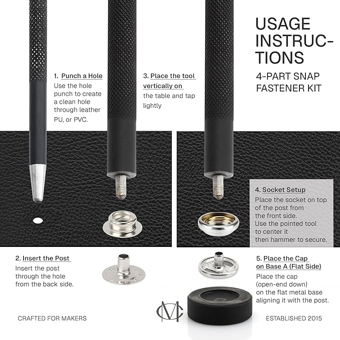 CRAFTMEMORE Snap Setter Fastener Kit Button Fixing Tool Ring-Socket Popper Setting Tool with 10 Silver Snaps #201 VT47 (15mm (0.59"))