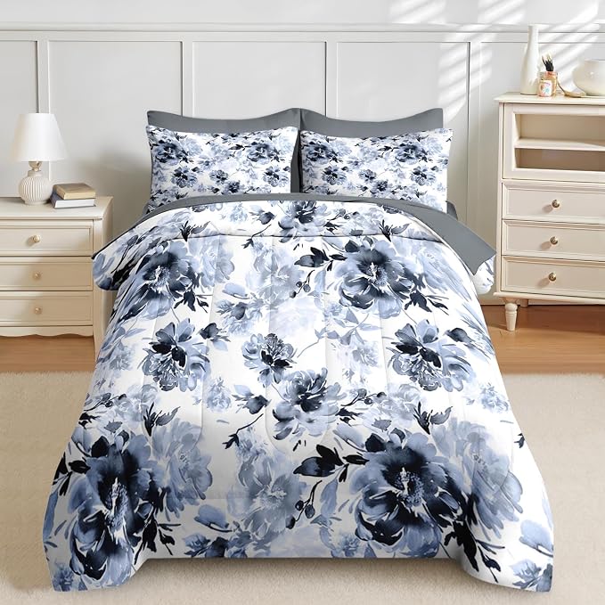 Nesker Comforter Set Full Size, Navy Blue Floral 7 Pcs Bedding for Kids and Adults, Blue White Abstract Bed Sheet Sets with Fitted Sheet 2 Pillowcases & 2 Shams