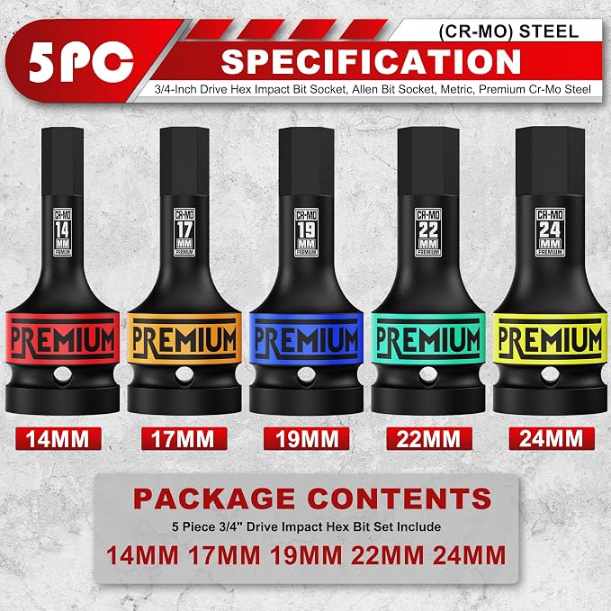 3/4" Drive Impact Hex Bit Socket Set, Metric,14mm, 17mm, 19mm, 22mm, 24mm, Impact Allen Bit Socket, Cr-Mo Steel, One-Piece Construction, 5-Pieces