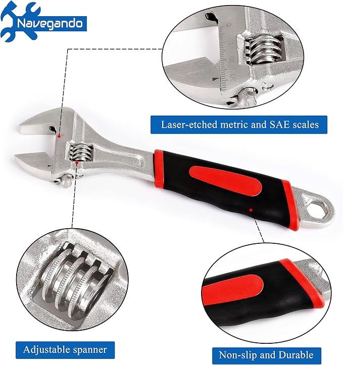 Navegando 4-Piece Adjustable Wrench Set, 6/8/10/12 Inch, Heat Treated Carbon Steel with Non-Slip Rubber Grip，Corrosion Resistant Finish for Automotive, Plumbing & DIY Repairs