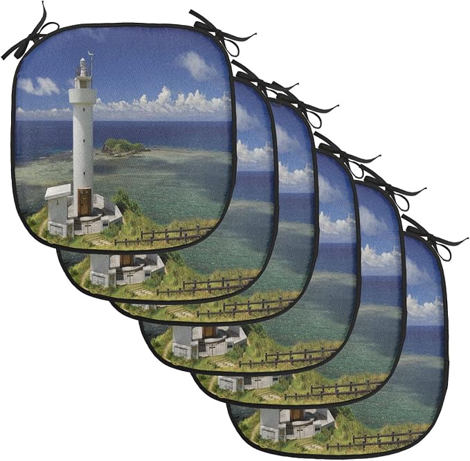 Lunarable Lighthouse Chair Cushion Pads Set of 6, Hiracbosaki Lighthouse Seaside Greenery Clouds Travel Destinations, Anti-Slip Seat Padding for Kitchen & Patio, 16"x16", Navy Blue Green White