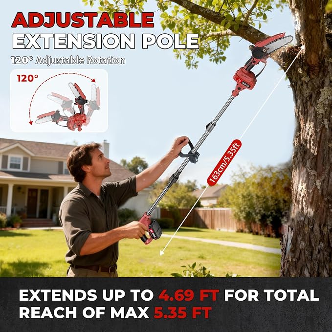 2-in-1 Cordless Pole Saw & Mini Chainsaw, 6-Inch | Battery Powered Tree Trimmer, 4.4ft Extension Pole, 2 Batteries, Safe High Branch Pruning, For Homeowners