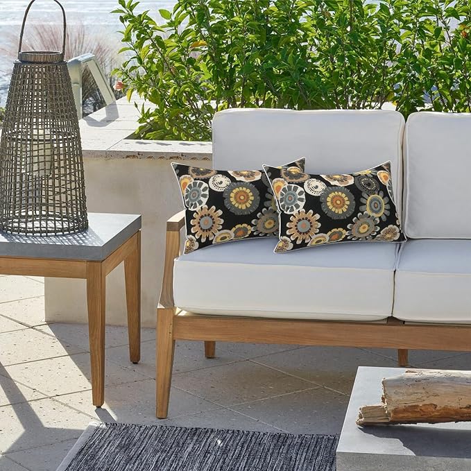 LVTXIII Set of 2 Outdoor Lumbar Pillows for Patio Furniture with White Piping, 12"x20" Fade Resistant Patio Lumbar Pillows with Inserts for Home Coach Sofa Use, Black Yellow Crosby
