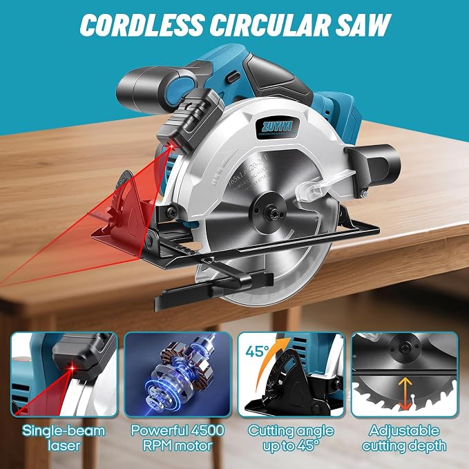 Cordless Circular Saw 6-1/2" for Makita 18V Battery (Not Inclued), 4500RPM Power Circular Saws w/Laser Guide, 0-45° Bevel Capability, Max 2-3/16" Depth, Electric Saw for Wood Plastic